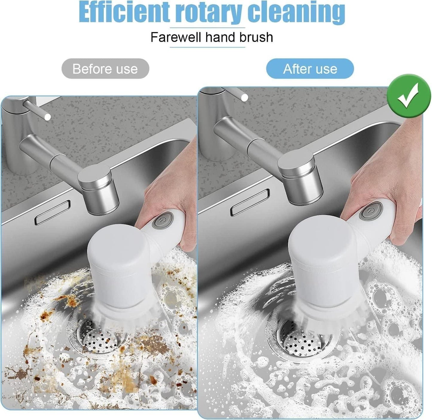 This image has 2 images - One shows a dirty sink before using the brush and the other shows a squeaky clean sink after usning the brush. This shows an efficient rotary cleaning.