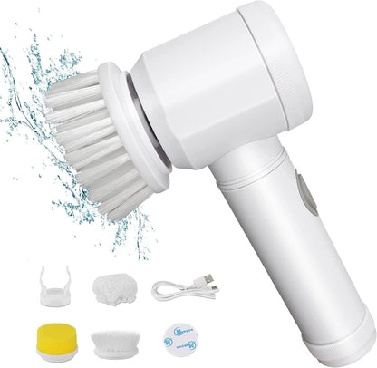 A white handheld cleaning brush with 5 attachments that can be used according to the surface that is being cleaned.